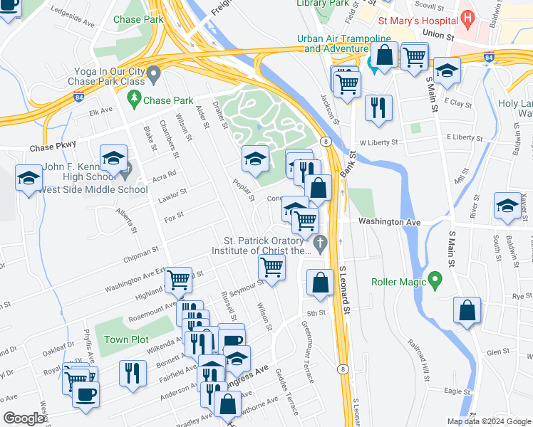 map of restaurants, bars, coffee shops, grocery stores, and more near 424 Washington Avenue in Waterbury