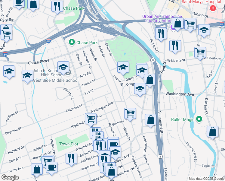 map of restaurants, bars, coffee shops, grocery stores, and more near 494 Wilson Street in Waterbury