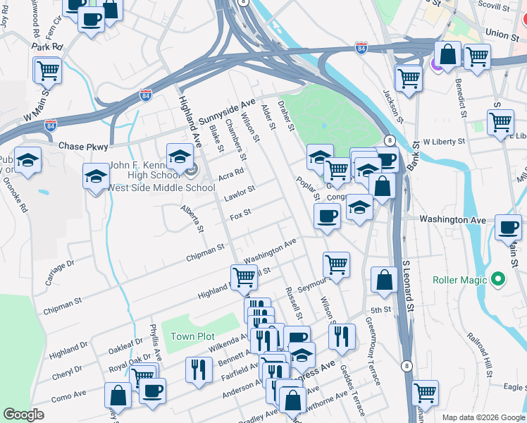 map of restaurants, bars, coffee shops, grocery stores, and more near 42 Chipman Street in Waterbury