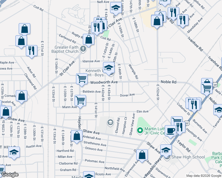 map of restaurants, bars, coffee shops, grocery stores, and more near 1263 East 143rd Street in East Cleveland