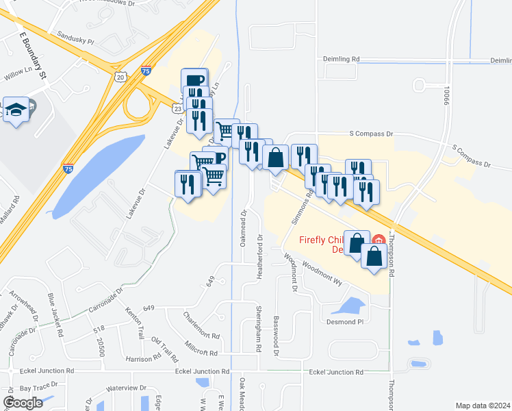 map of restaurants, bars, coffee shops, grocery stores, and more near 27008 Heatherford Drive in Perrysburg