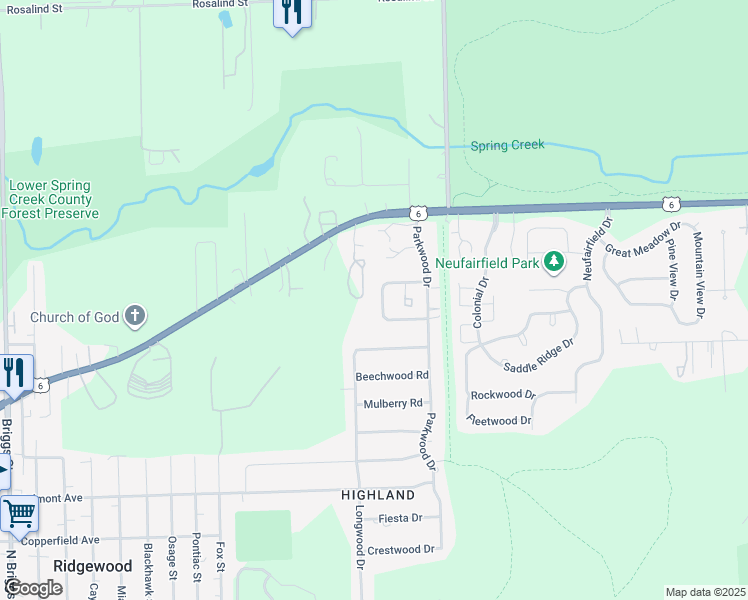 map of restaurants, bars, coffee shops, grocery stores, and more near 2205 Bogdan Lane South in Joliet