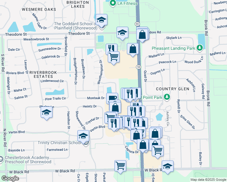 map of restaurants, bars, coffee shops, grocery stores, and more near 1213 Courtland Circle in Plainfield