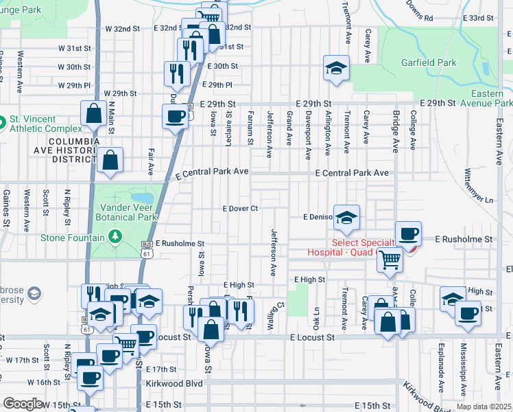 map of restaurants, bars, coffee shops, grocery stores, and more near 2349 Farnam Street in Davenport