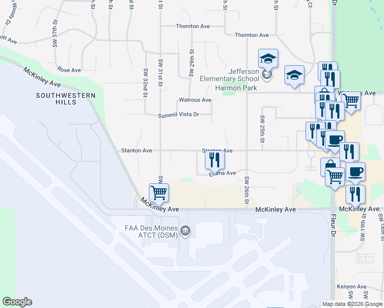 map of restaurants, bars, coffee shops, grocery stores, and more near 4408 Southwest 29th Street in Des Moines