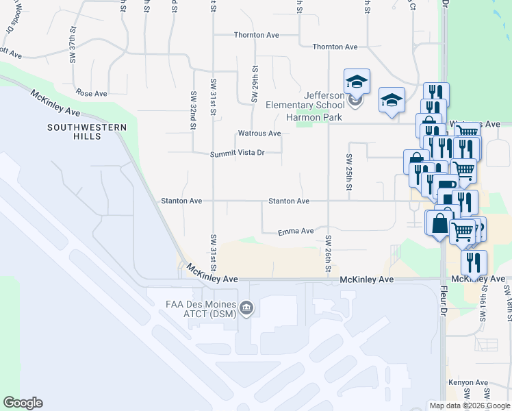 map of restaurants, bars, coffee shops, grocery stores, and more near 4408 Southwest 29th Street in Des Moines