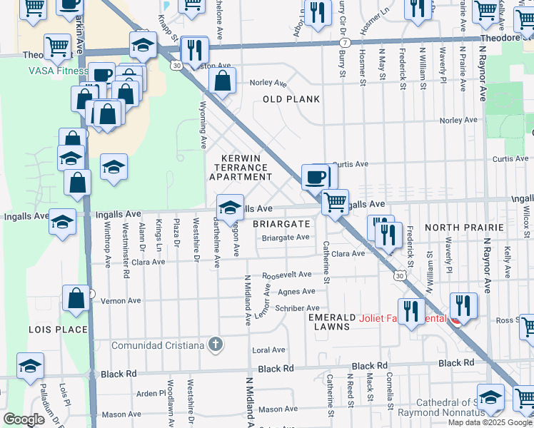 map of restaurants, bars, coffee shops, grocery stores, and more near 1310 Kenmore Avenue in Joliet