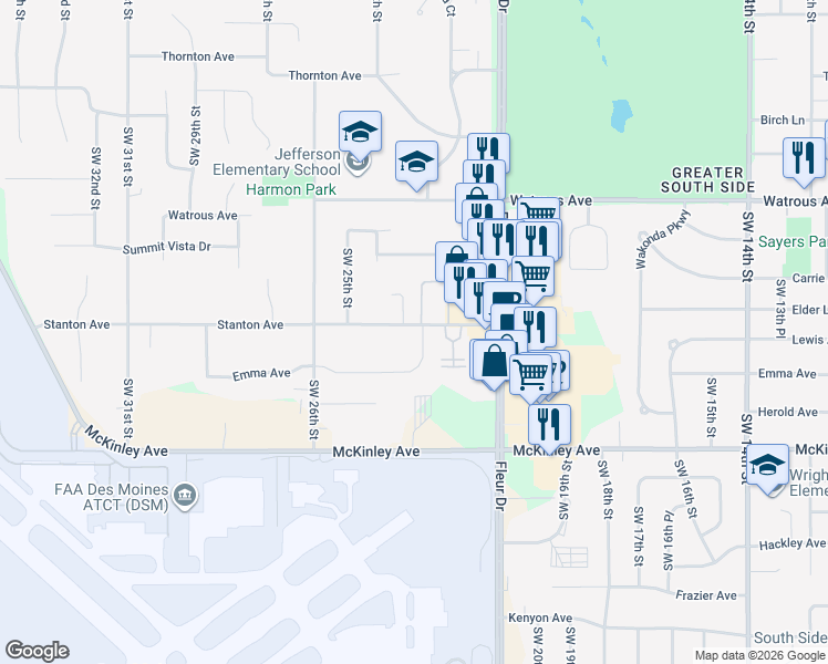 map of restaurants, bars, coffee shops, grocery stores, and more near 2300 Stanton Avenue in Des Moines