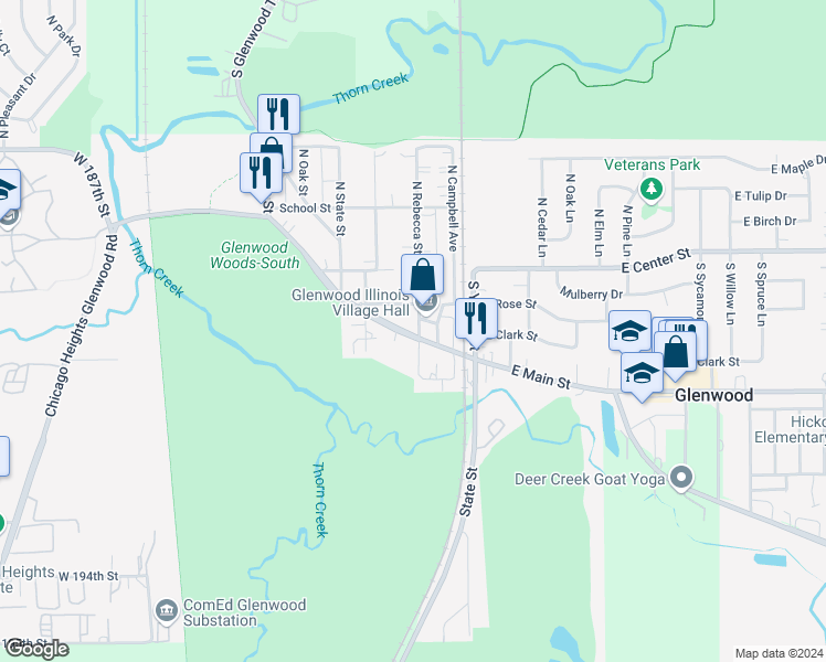 map of restaurants, bars, coffee shops, grocery stores, and more near 103 West Main Street in Glenwood