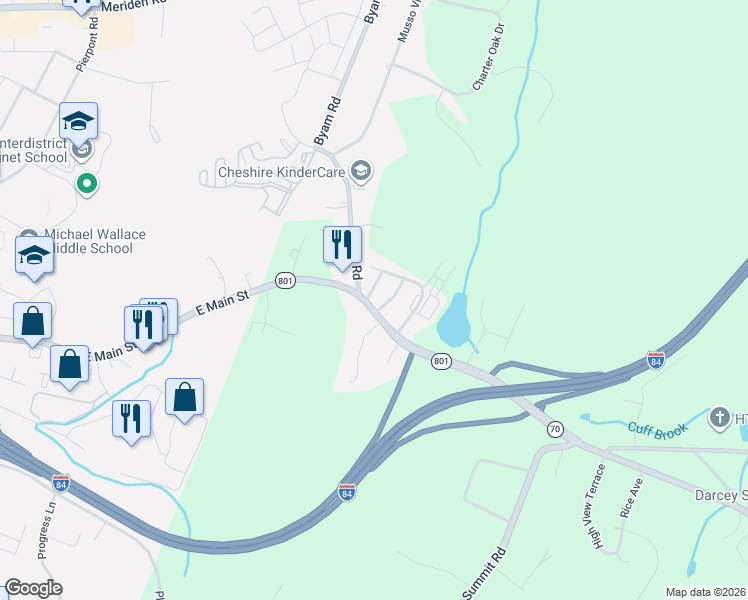 map of restaurants, bars, coffee shops, grocery stores, and more near 2188 Waterbury Road in Cheshire