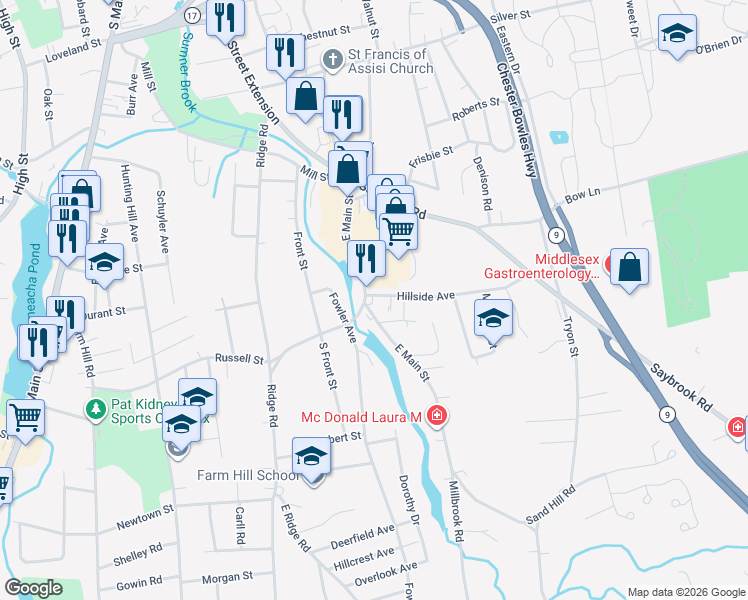 map of restaurants, bars, coffee shops, grocery stores, and more near 3 Russell Court in Middletown