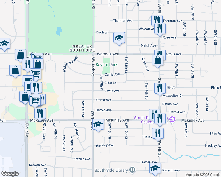 map of restaurants, bars, coffee shops, grocery stores, and more near 1300 Lewis Avenue in Des Moines