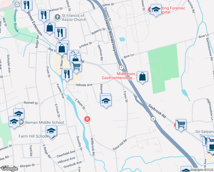 map of restaurants, bars, coffee shops, grocery stores, and more near 17 Autumn Lane in Middletown