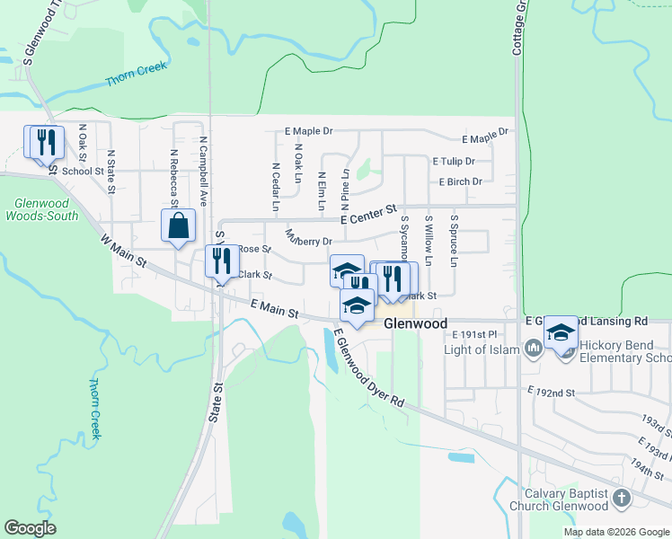 map of restaurants, bars, coffee shops, grocery stores, and more near 222 East Rose Street in Glenwood