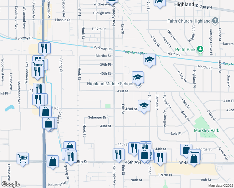 map of restaurants, bars, coffee shops, grocery stores, and more near 9307 Kennedy Avenue in Highland