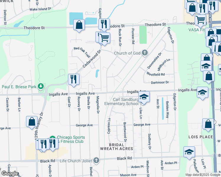 map of restaurants, bars, coffee shops, grocery stores, and more near 1200 Rock Run Drive in Crest Hill