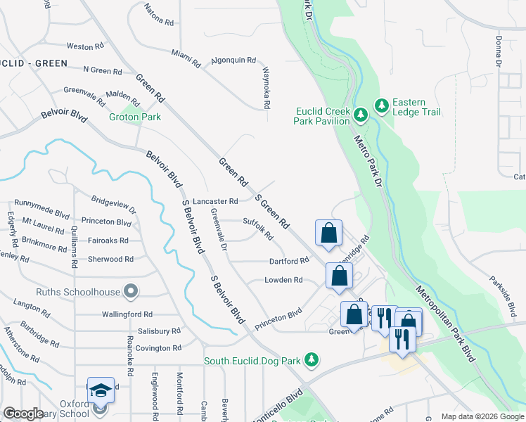 map of restaurants, bars, coffee shops, grocery stores, and more near 158 South Green Road in South Euclid