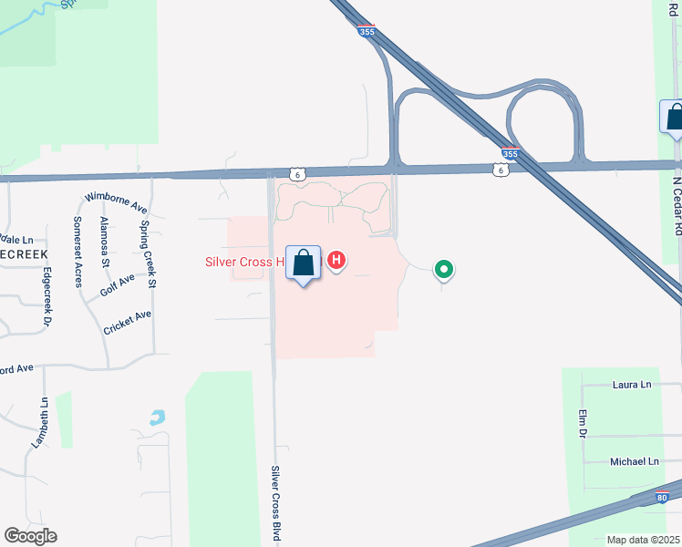 map of restaurants, bars, coffee shops, grocery stores, and more near 1900 Silver Cross Boulevard in New Lenox