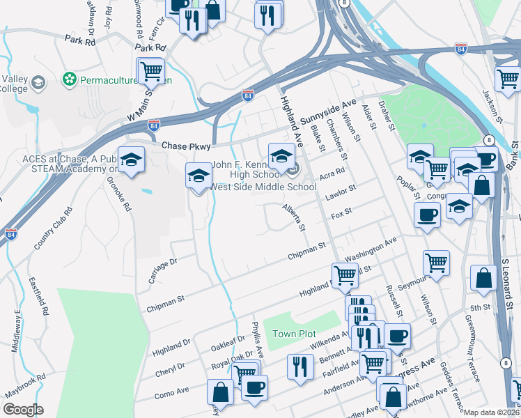 map of restaurants, bars, coffee shops, grocery stores, and more near 91 Tree Hill Road in Waterbury