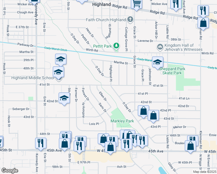 map of restaurants, bars, coffee shops, grocery stores, and more near 3220 41st Street in Highland