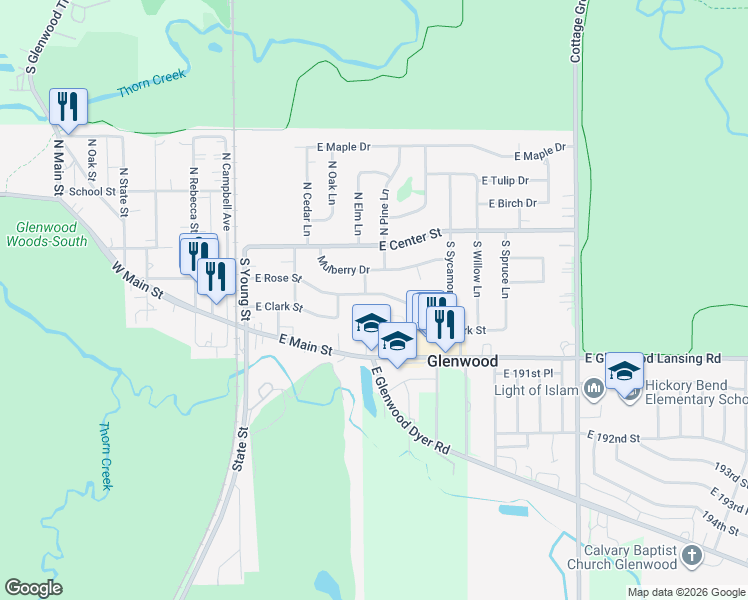 map of restaurants, bars, coffee shops, grocery stores, and more near 222 East Rose Street in Glenwood