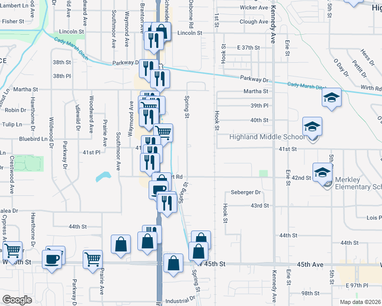 map of restaurants, bars, coffee shops, grocery stores, and more near 9311 Spring Street in Highland