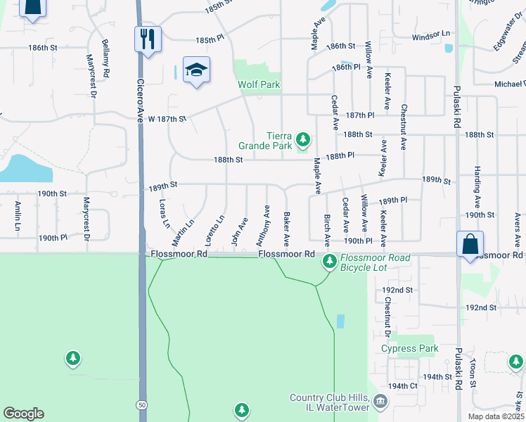 map of restaurants, bars, coffee shops, grocery stores, and more near 18950 Anthony Avenue in Country Club Hills