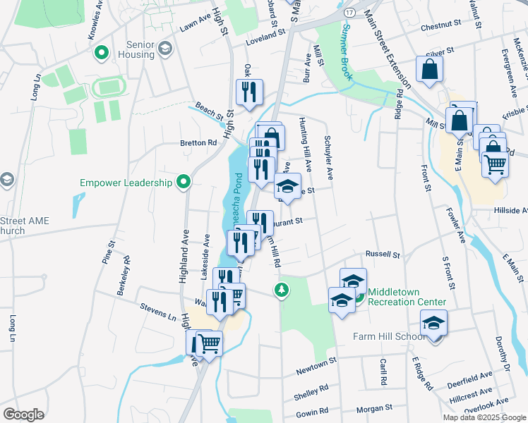 map of restaurants, bars, coffee shops, grocery stores, and more near 5 Durant Street in Middletown