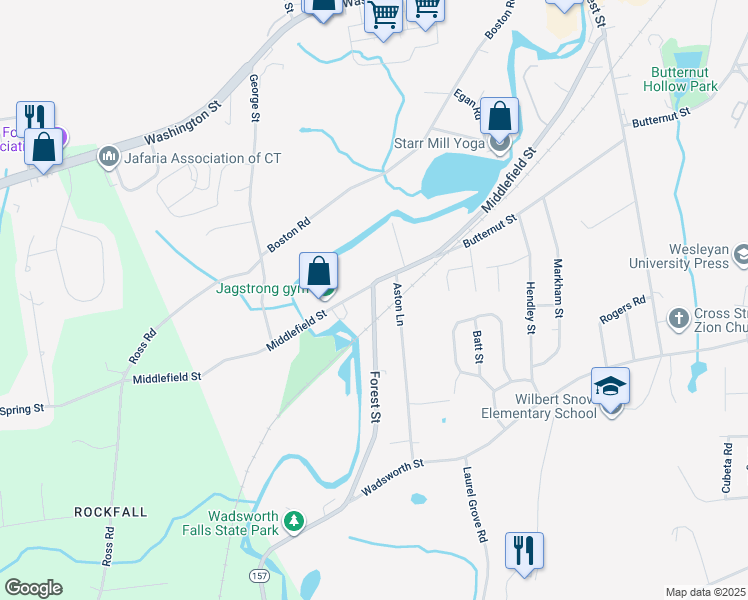 map of restaurants, bars, coffee shops, grocery stores, and more near 33 Forest Street in Middletown