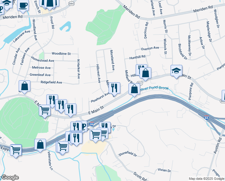 map of restaurants, bars, coffee shops, grocery stores, and more near 31 Meriline Avenue in Waterbury