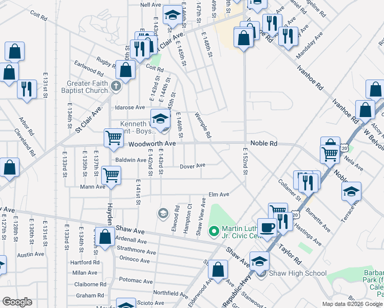 map of restaurants, bars, coffee shops, grocery stores, and more near 1265 East 145th Street in East Cleveland