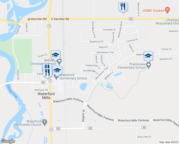 map of restaurants, bars, coffee shops, grocery stores, and more near 400 Winchester Trail in Goshen