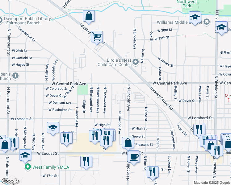 map of restaurants, bars, coffee shops, grocery stores, and more near 2415 Jebens Avenue in Davenport