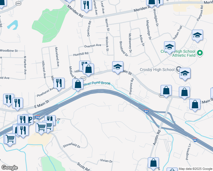 map of restaurants, bars, coffee shops, grocery stores, and more near 10 Mulloy Road in Waterbury