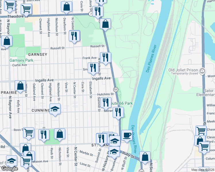 map of restaurants, bars, coffee shops, grocery stores, and more near 1114 North Hickory Street in Joliet