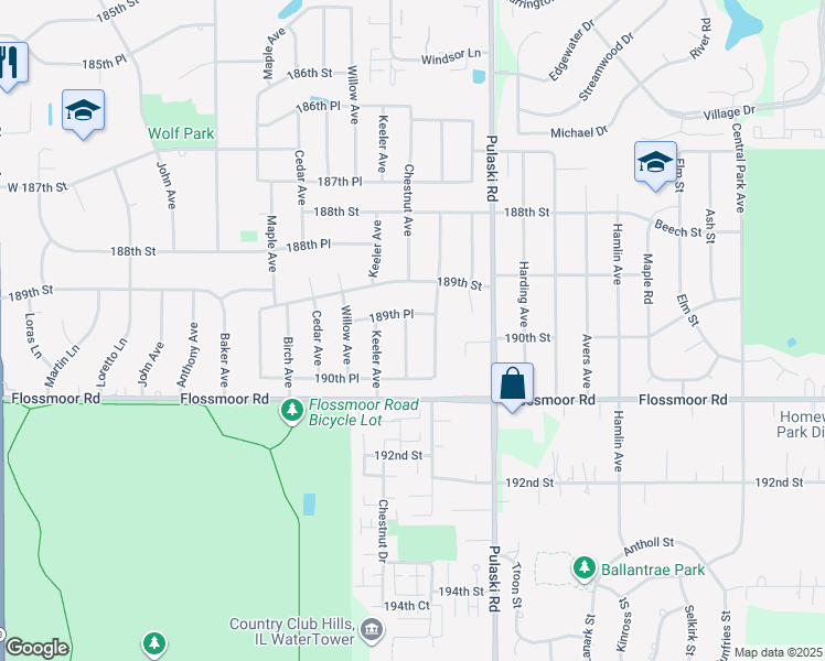 map of restaurants, bars, coffee shops, grocery stores, and more near 19010 Chestnut Avenue in Country Club Hills