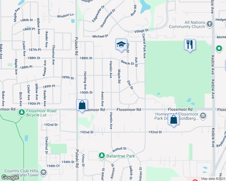 map of restaurants, bars, coffee shops, grocery stores, and more near 3759 Cherry Hills Drive in Flossmoor