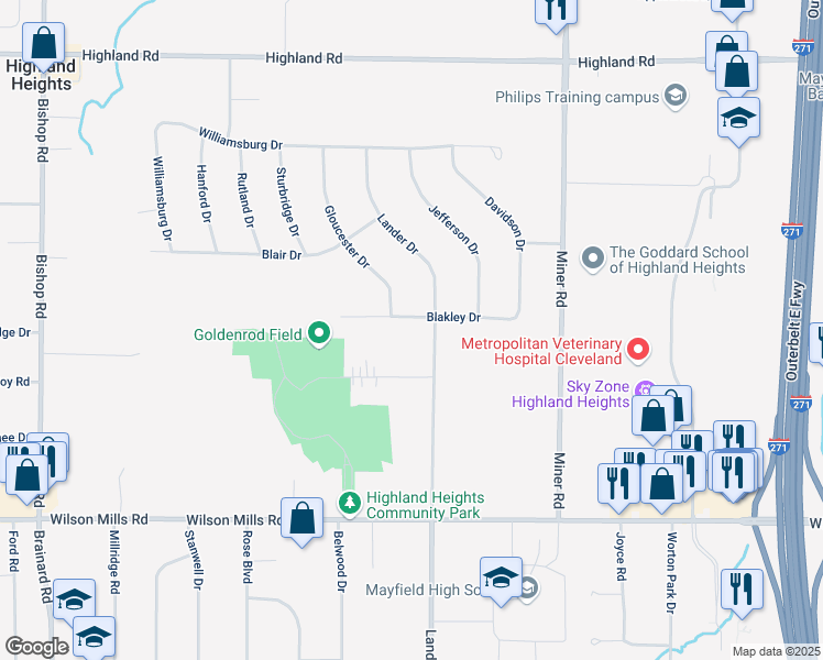 map of restaurants, bars, coffee shops, grocery stores, and more near 5987 Woodside Road in Highland Heights