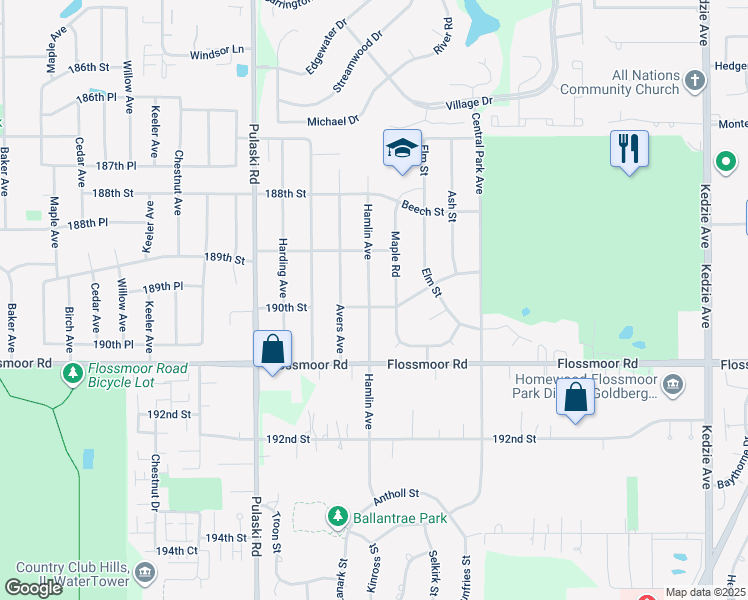 map of restaurants, bars, coffee shops, grocery stores, and more near 3759 Cherry Hills Drive in Flossmoor