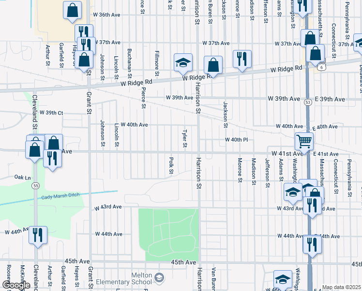 map of restaurants, bars, coffee shops, grocery stores, and more near 953-999 West 41st Avenue in Gary