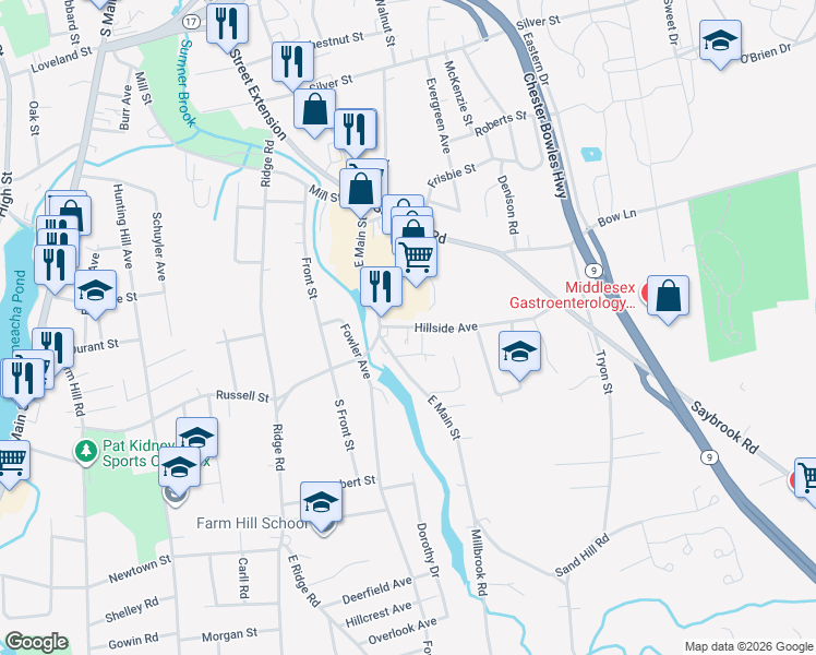map of restaurants, bars, coffee shops, grocery stores, and more near 22 Hillside Avenue in Middletown