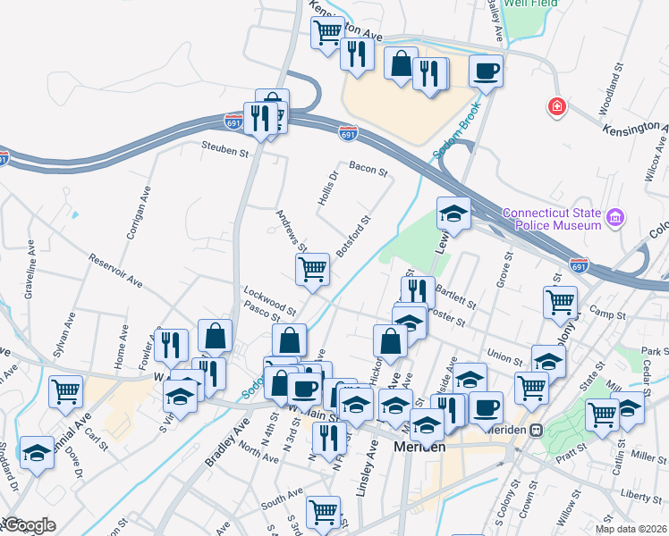 map of restaurants, bars, coffee shops, grocery stores, and more near 3 Botsford Street in Meriden