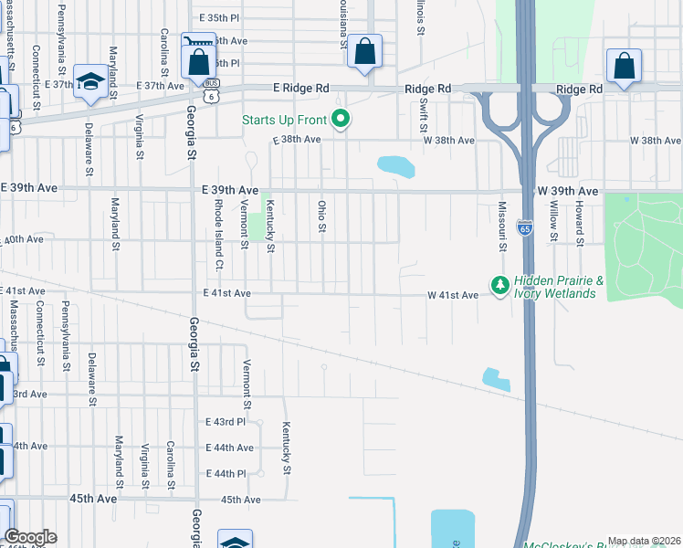 map of restaurants, bars, coffee shops, grocery stores, and more near 4070 Louisiana Street in Gary