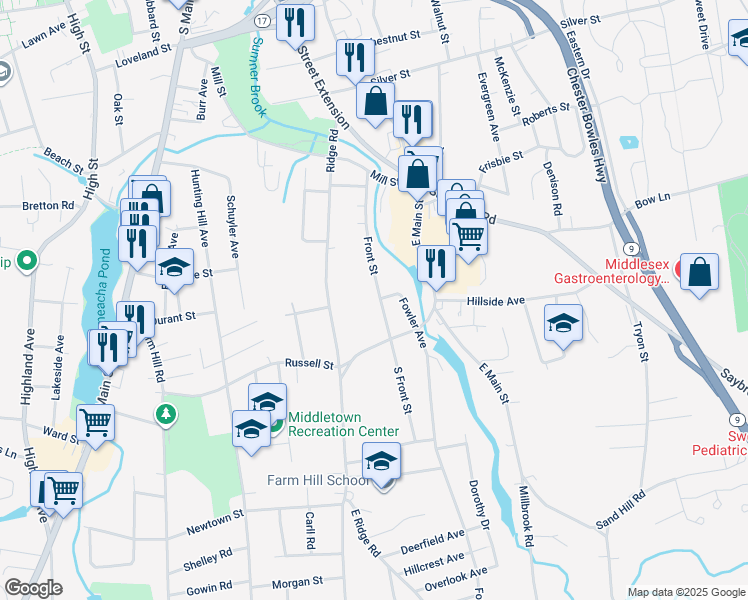 map of restaurants, bars, coffee shops, grocery stores, and more near 174 Front Street in Middletown