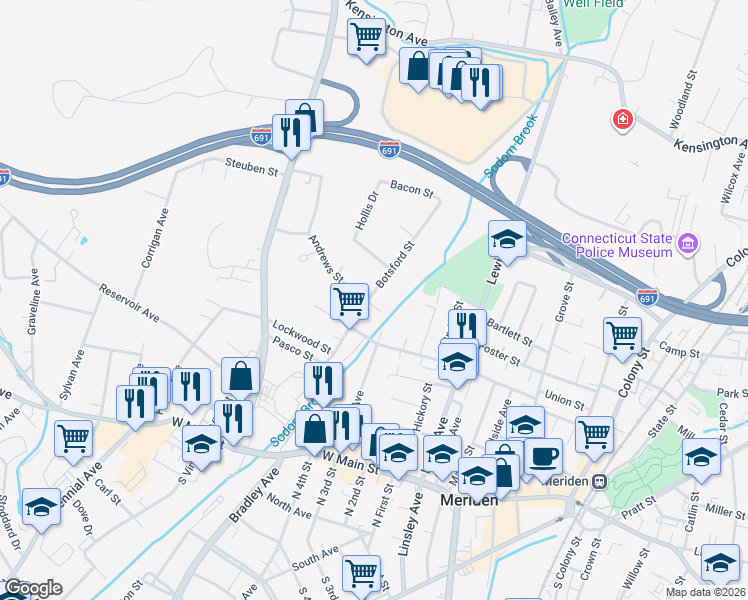 map of restaurants, bars, coffee shops, grocery stores, and more near 3 Botsford Street in Meriden
