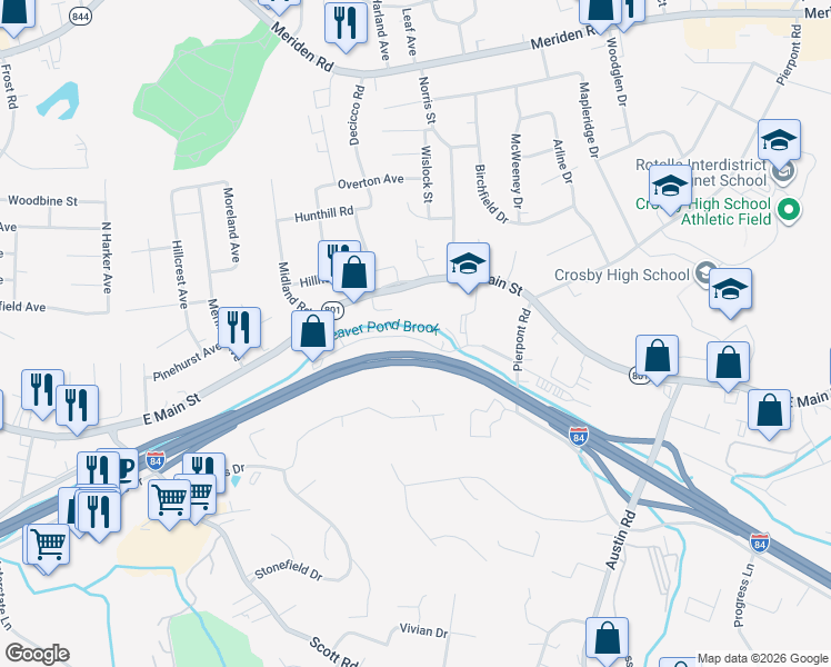map of restaurants, bars, coffee shops, grocery stores, and more near 10 Mulloy Road in Waterbury
