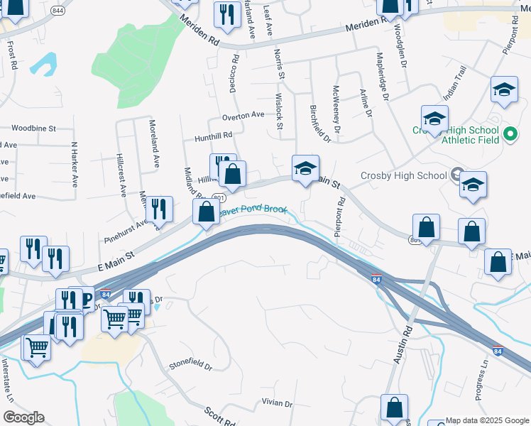 map of restaurants, bars, coffee shops, grocery stores, and more near 10 Mulloy Road in Waterbury