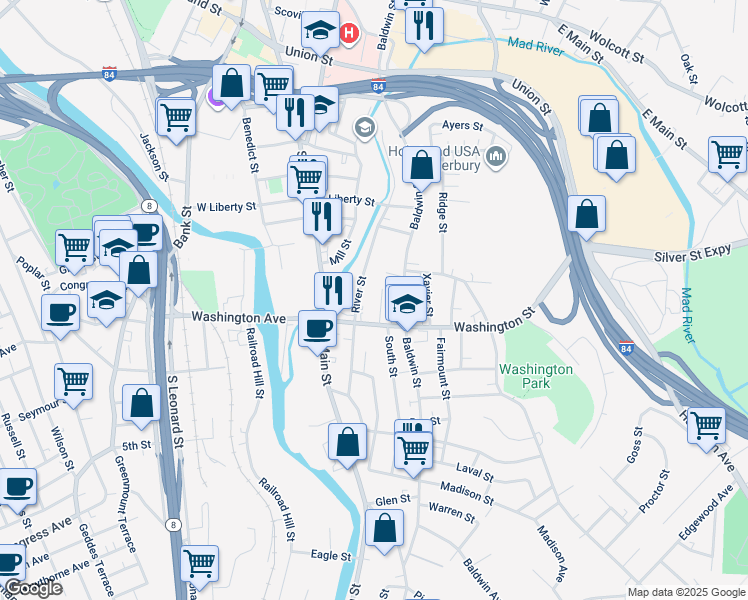 map of restaurants, bars, coffee shops, grocery stores, and more near 61 Washington Street in Waterbury