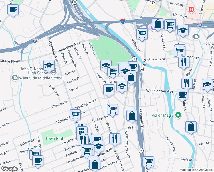 map of restaurants, bars, coffee shops, grocery stores, and more near 424 Washington Avenue in Waterbury