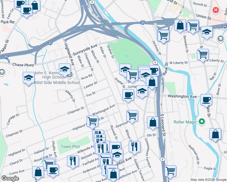 map of restaurants, bars, coffee shops, grocery stores, and more near 494 Wilson Street in Waterbury